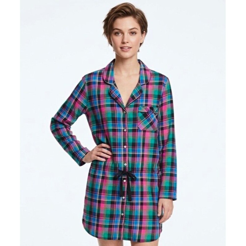 Victoria’s Secret Womens Large Plaid Flannel Button Front Sleepshirt Nightgown
